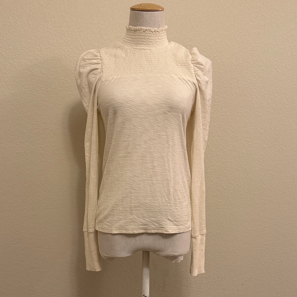 Nation Zahara Feme Mock Neck Cream‎ Long Sleeve Top with Ruffled Neck Size Small